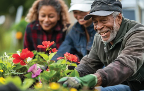 A man is smiling while tending to a garden of flowers. AI generated content