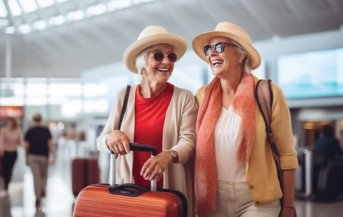 Two women wearing hats and sunglasses are laughing and smiling while holding their luggage. AI generated content