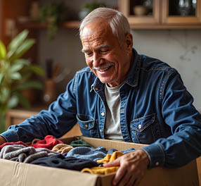 A man is holding a box filled with clothes. AI generated content